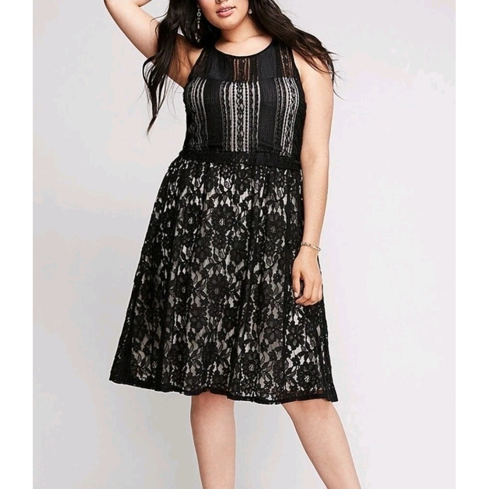 Lane Bryant Cocktail Dress Plus Size 24 Black Floral Lace Fit & Flare Nude